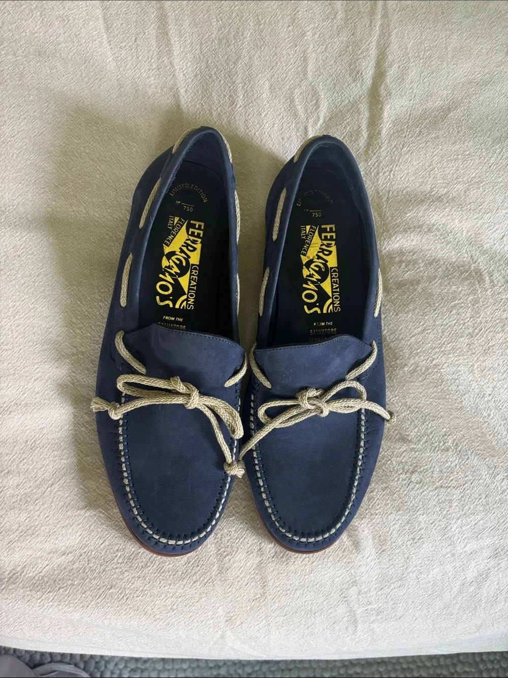 Salvatore Ferragamo Navy Suede Boat Loafers with Cream Rope Laces